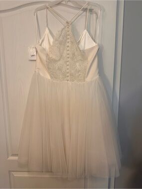 Amsale Ivory Lace Tulle Spaghetti-Strap short wedding dress